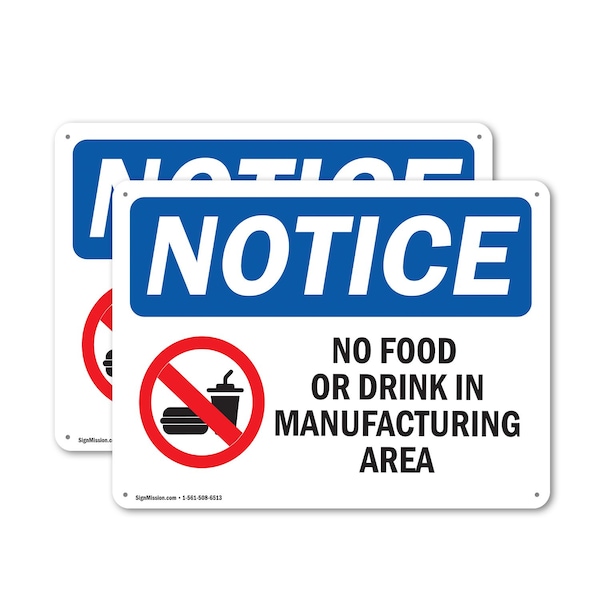 Signmission No Food Or Drink In Manufacturing Area, 14 in W x Rectangle, Plastic OS-2PACK-NS-P-1014-L-14593 - main